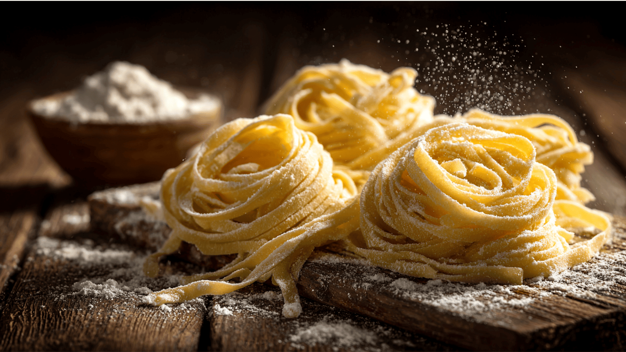Freshly cut pasta strips on floured surface from homemade pasta recipe