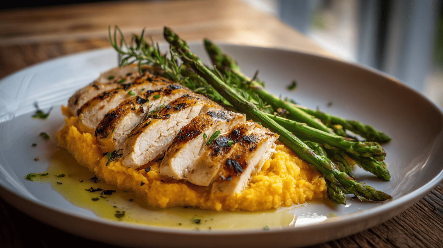 Grilled Chicken with Sweet Potato Mash and Asparagus