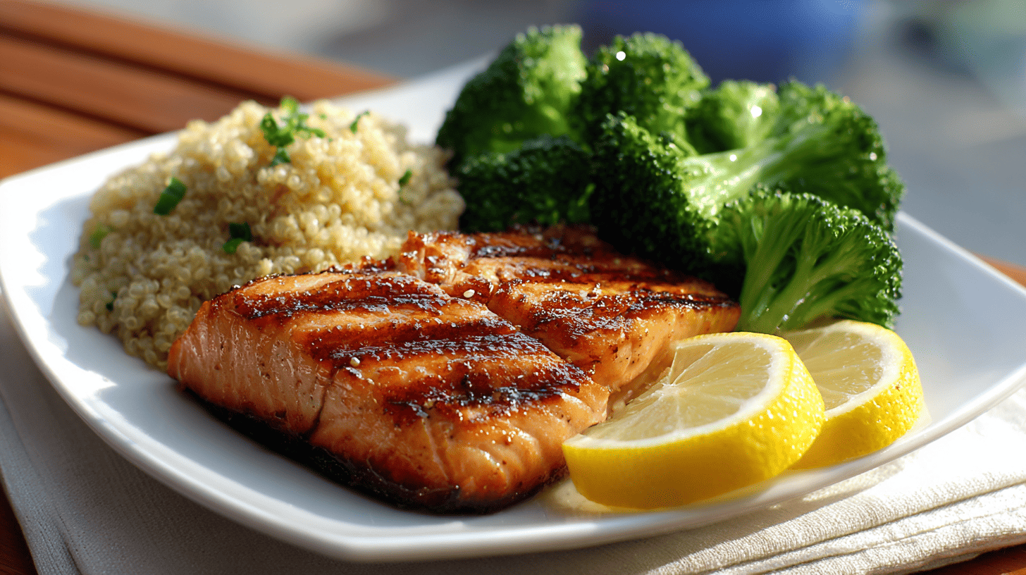 Grilled Salmon with Quinoa and Steamed Broccoli