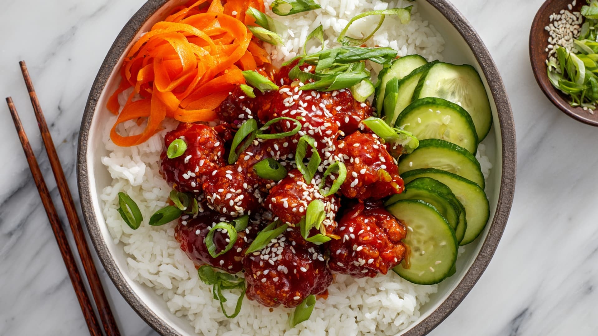 Korean Inspired Popcorn Chicken Bowl