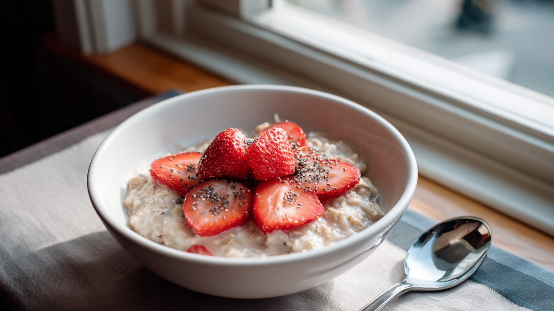 Oatmeal Topped with Raisins Chia Seeds and Strawberries