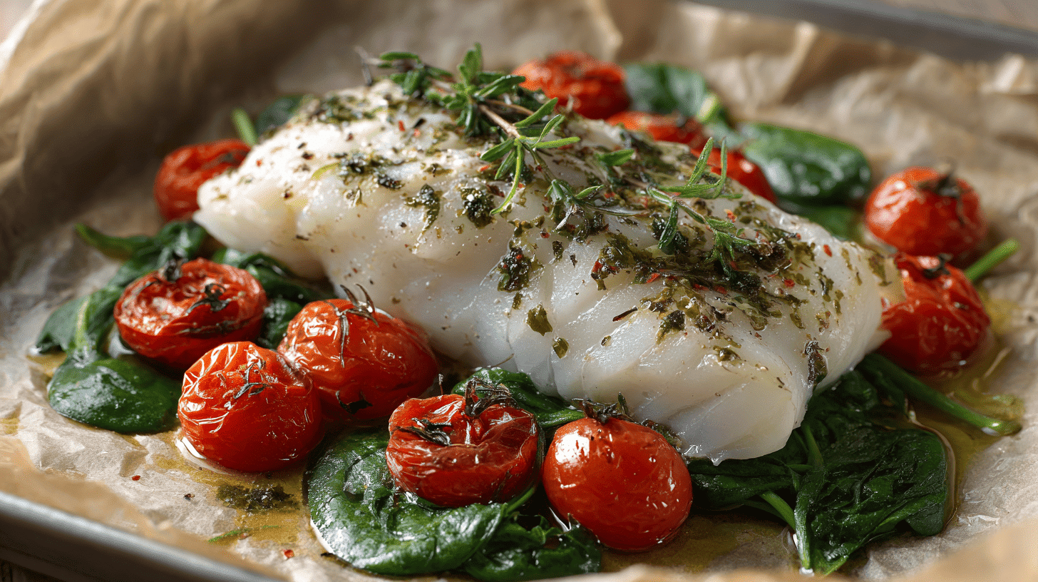 Oven Baked Cod with Spinach and Cherry Tomatoes