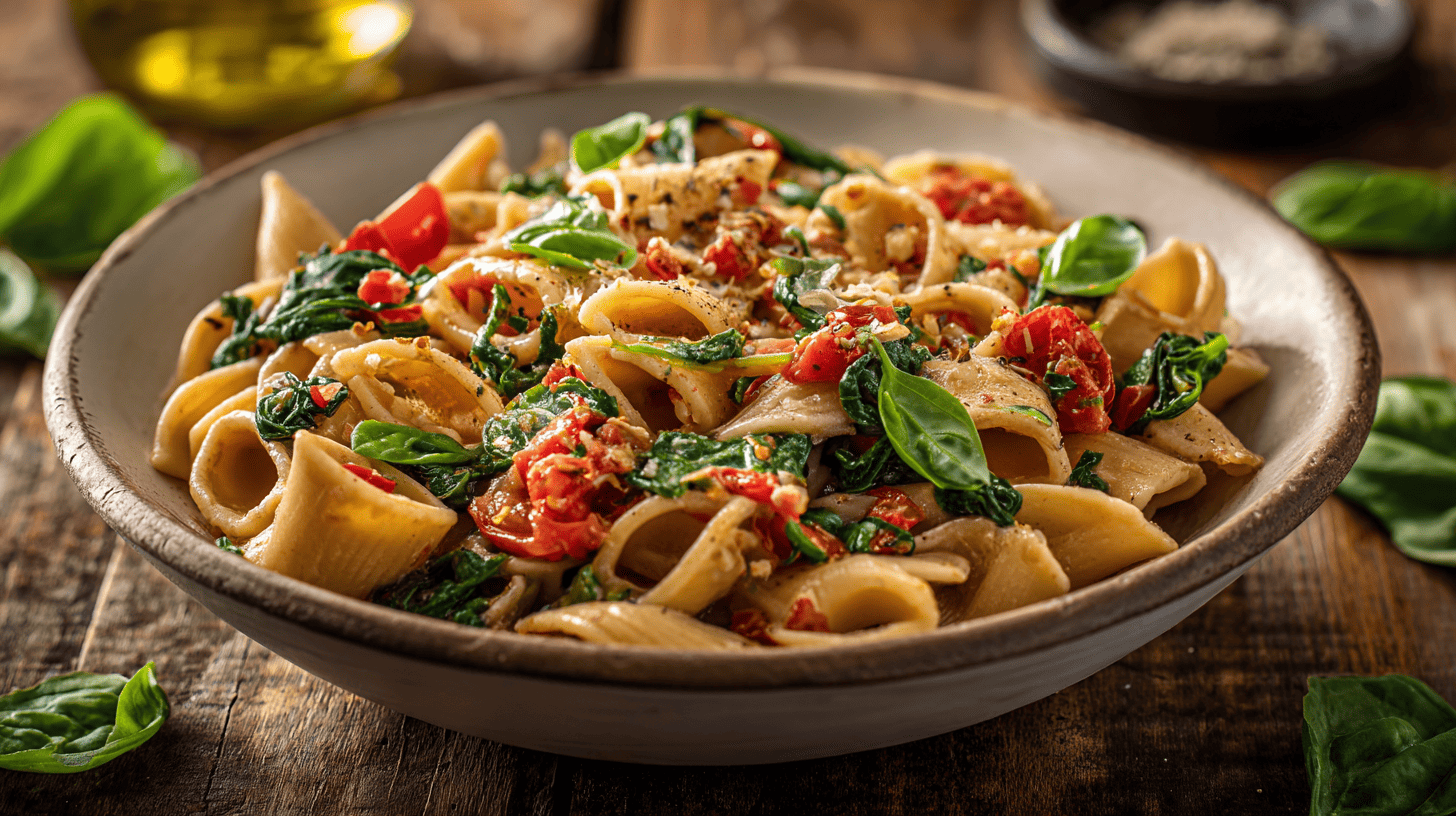 Whole Grain Pasta with Tomato Olive Oil and Leafy Greens