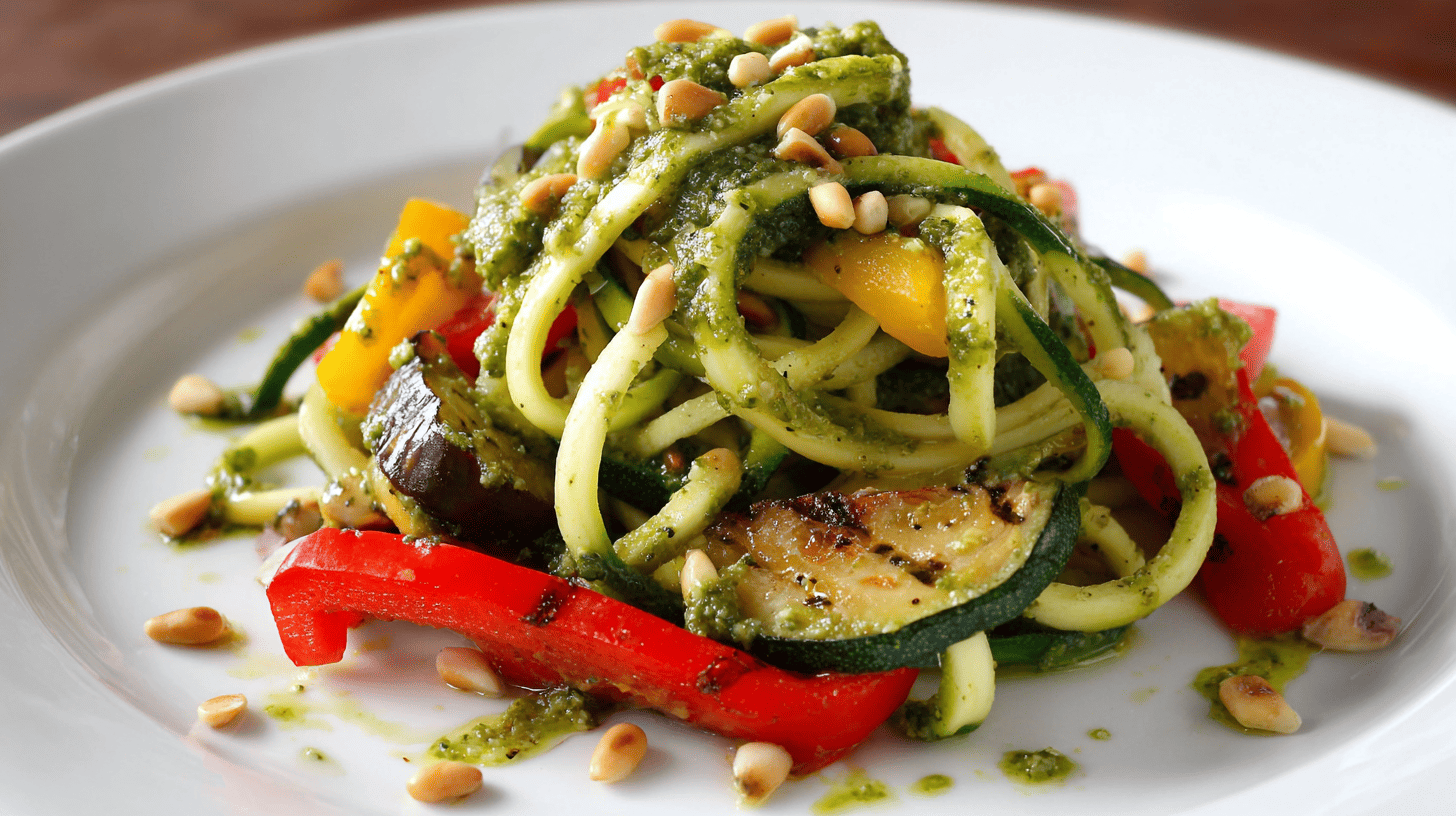 Zucchini Noodles with Pesto and Grilled Veggies