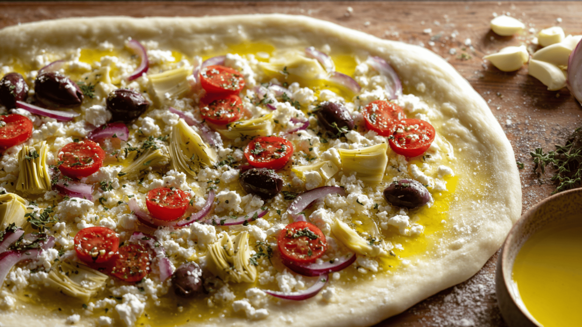 topped mediterranian pizza