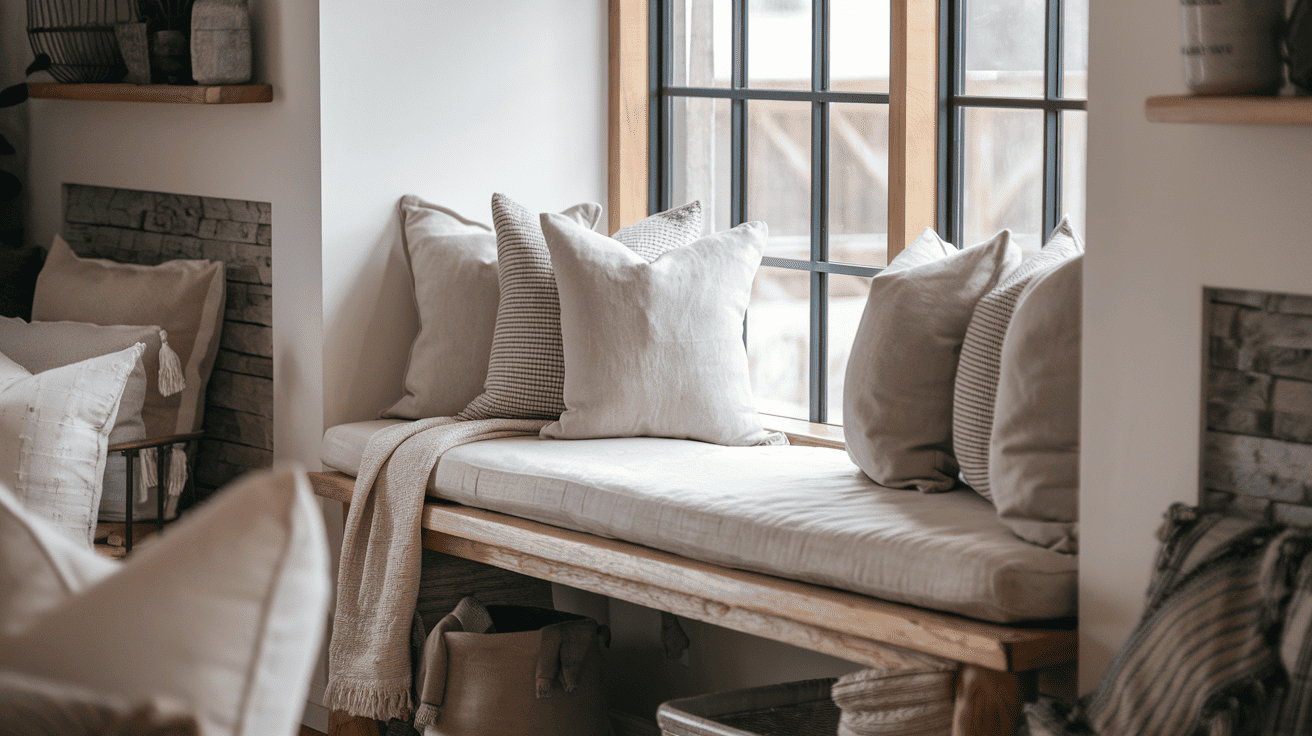 Add a Farmhouse Bench with Linen Cushions