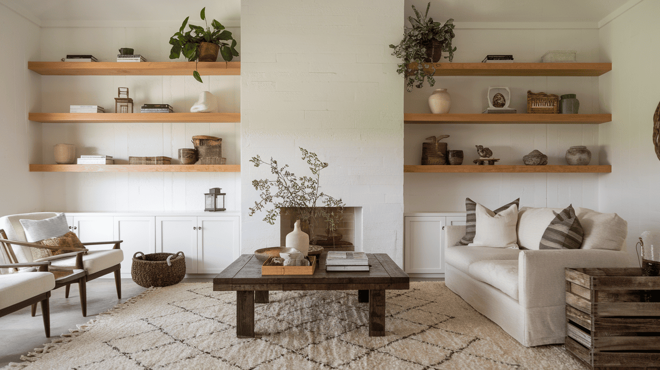 Feature Floating Wood Shelves on White Walls