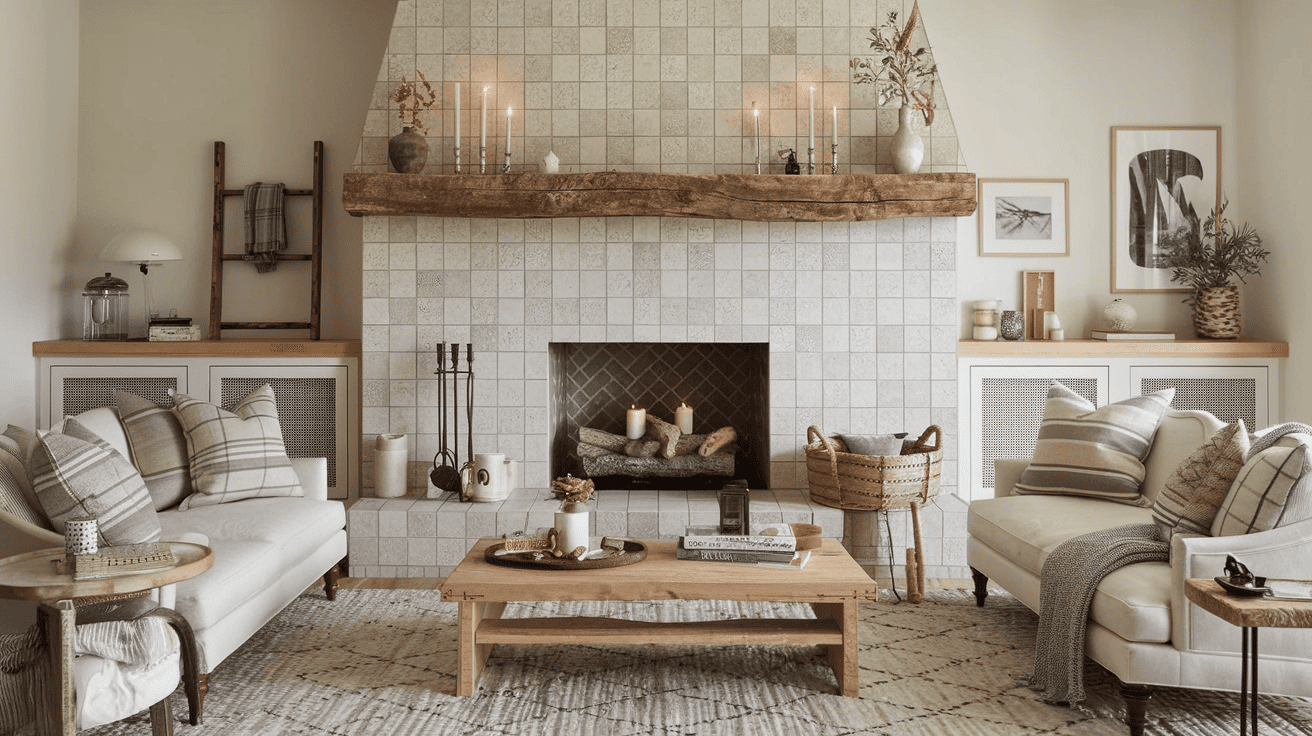 Install a Tiled Fireplace with Wood Mantel