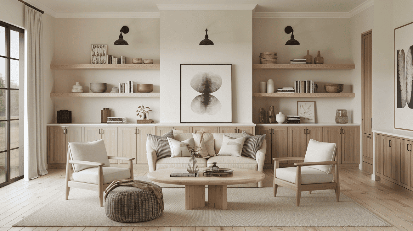 Layer Light Wood Tones with Matte Black Accents