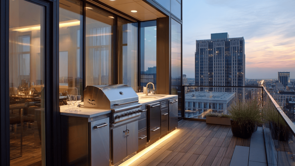 23 Outdoor Kitchens Ideas You’ll Fall in Love With - Suzie The Foodie - Luxury Apartment Rooftop Outdoor Kitchen With Seating