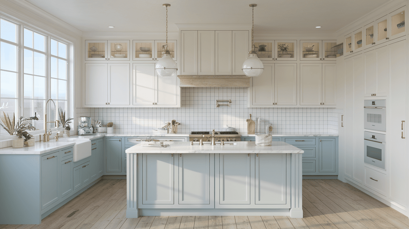 Soft White and Blue Cabinetry