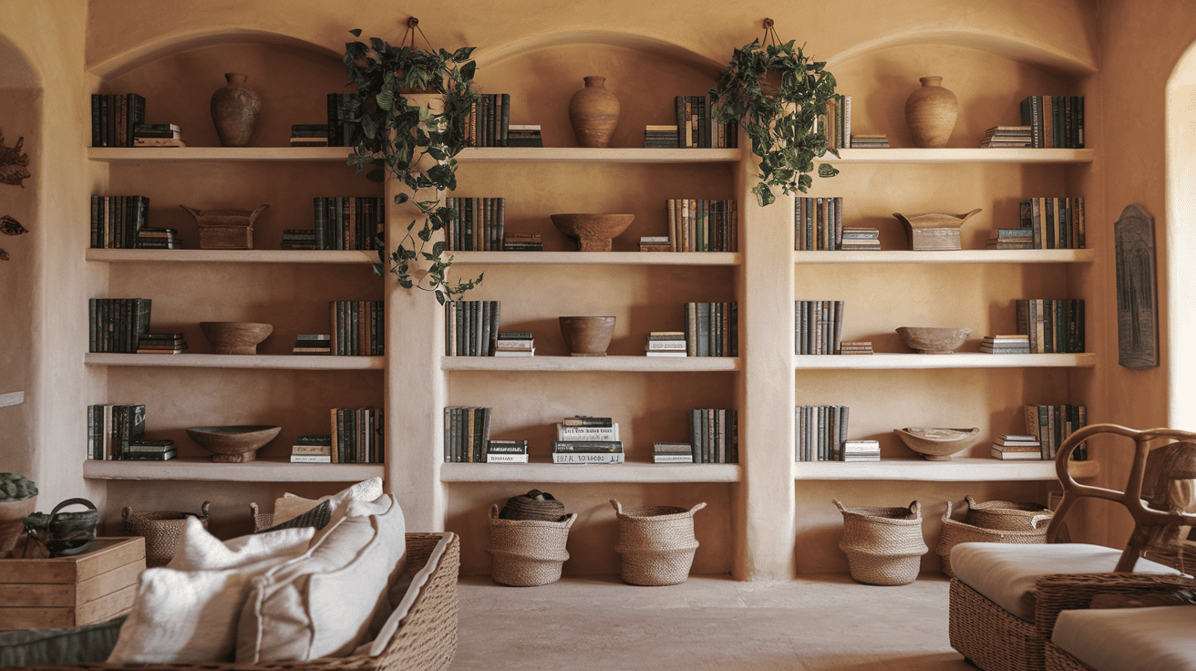 Style Built in Bookcases with Earthy Decor
