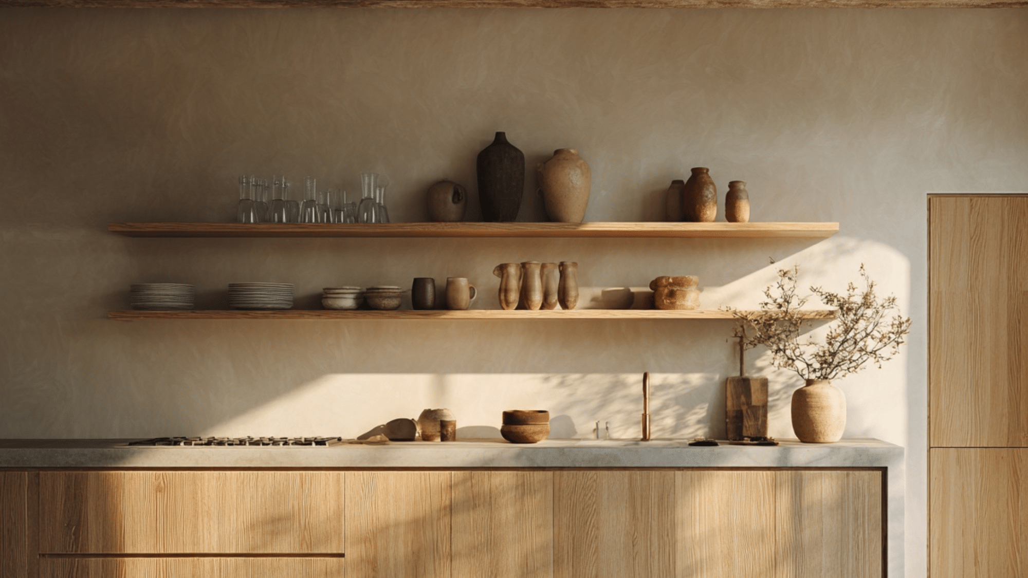 closed lower cabinets open wood shelves