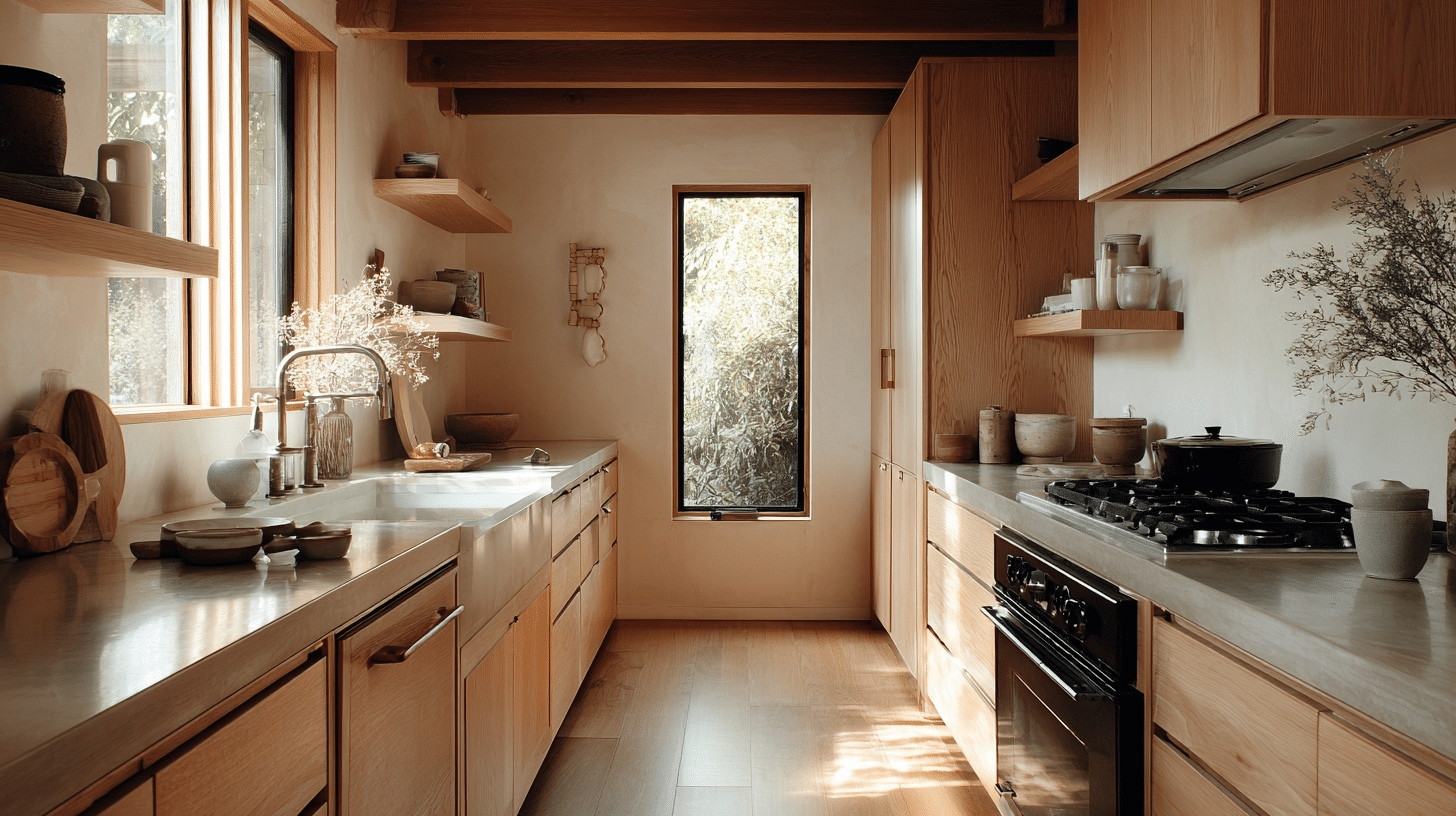 compact japandi galley kitchen layout