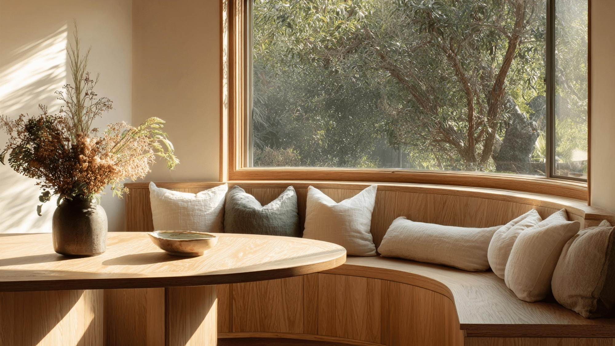 curved breakfast nook built in cabinetry
