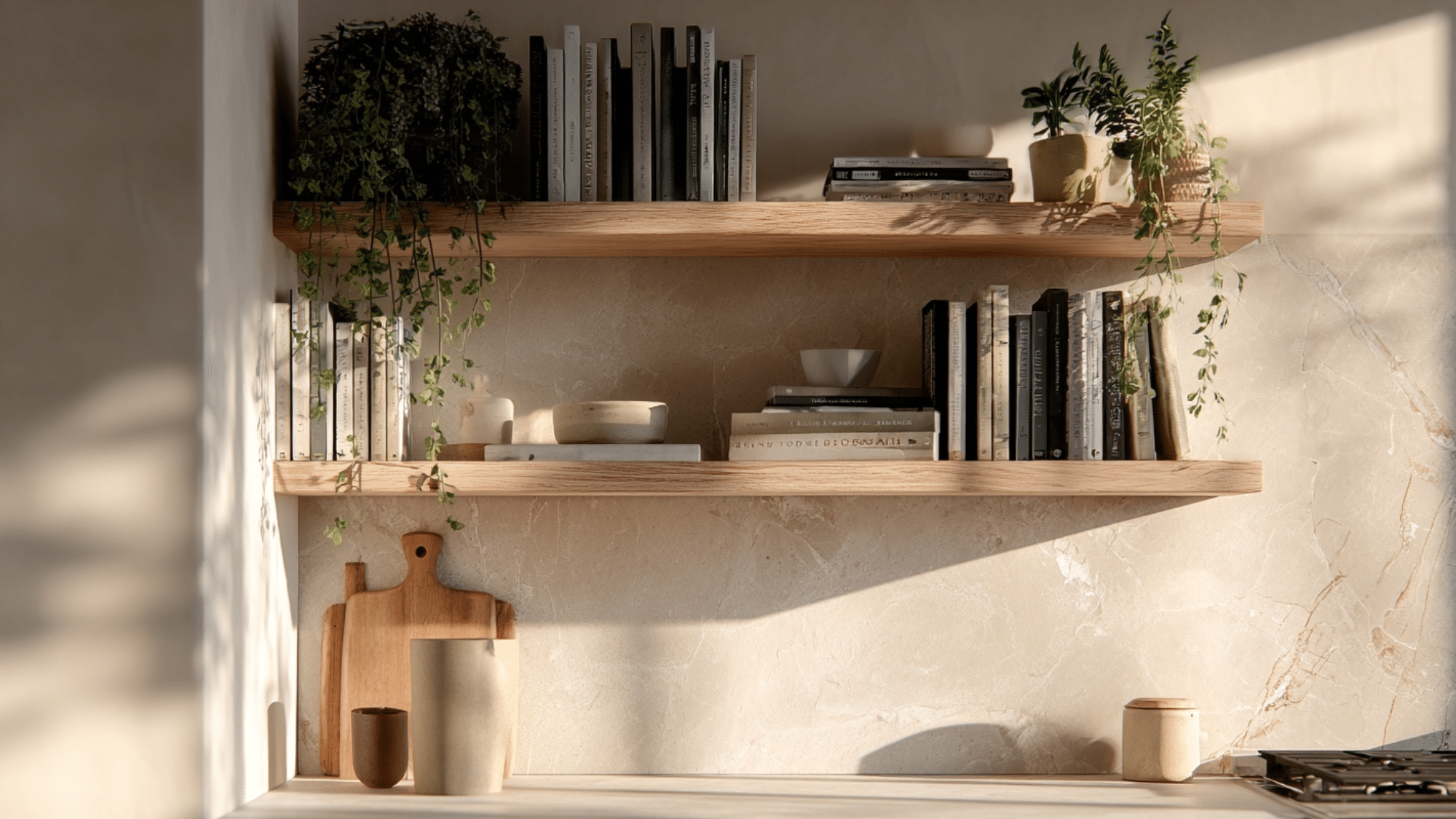 floating end shelves kitchen layout