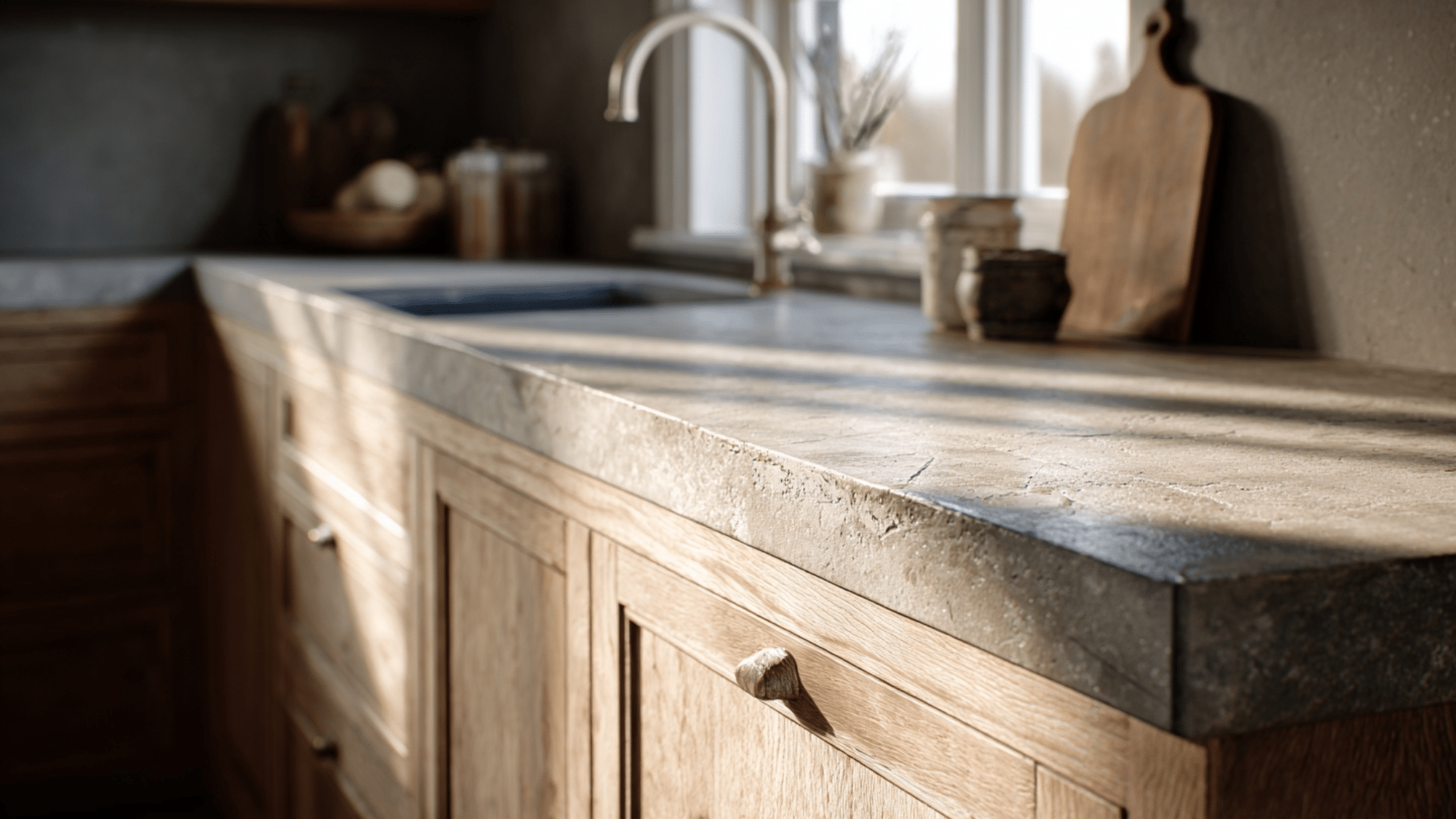 honed concrete countertops pale wood