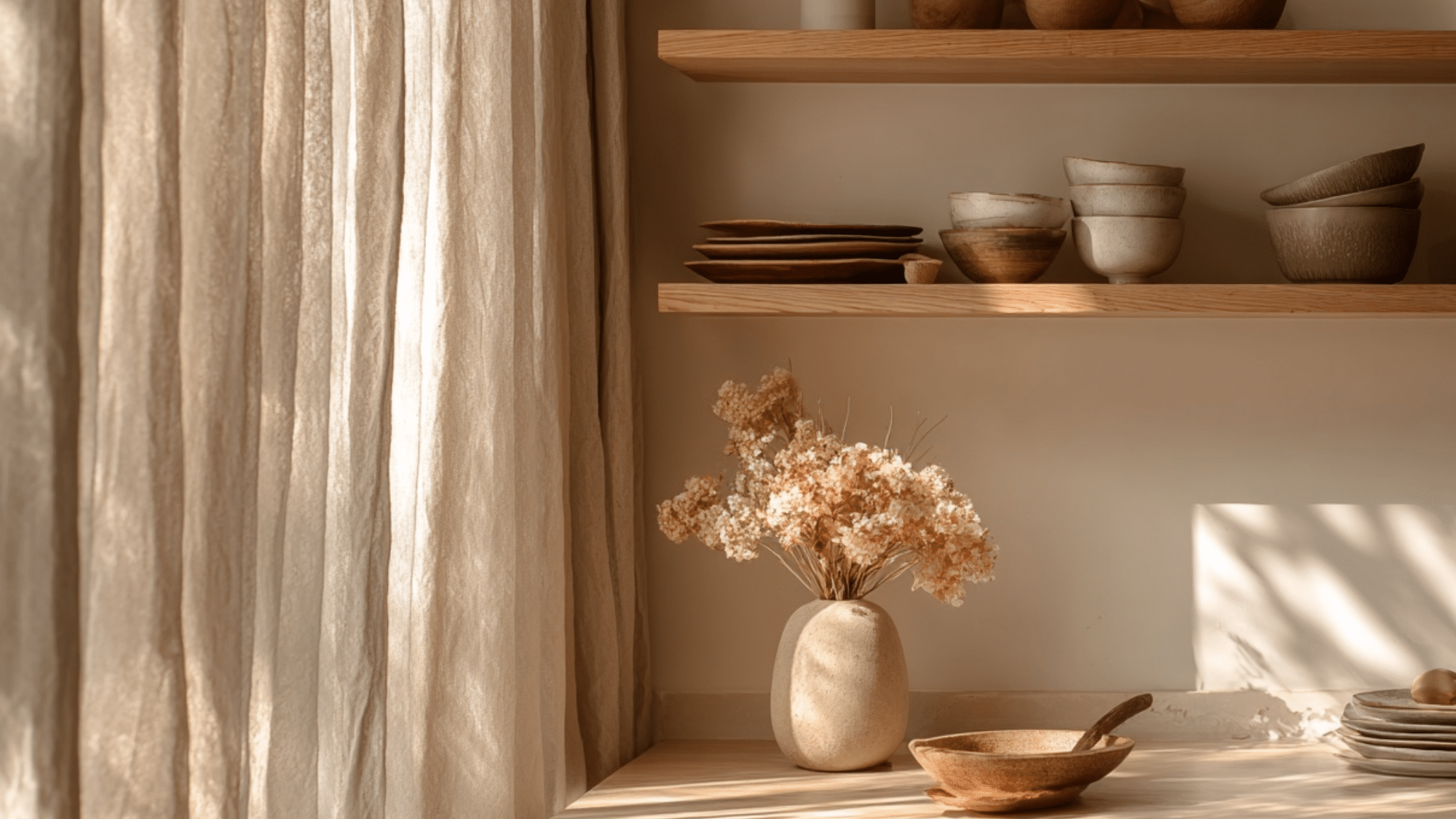 linen or cotton curtains open shelving