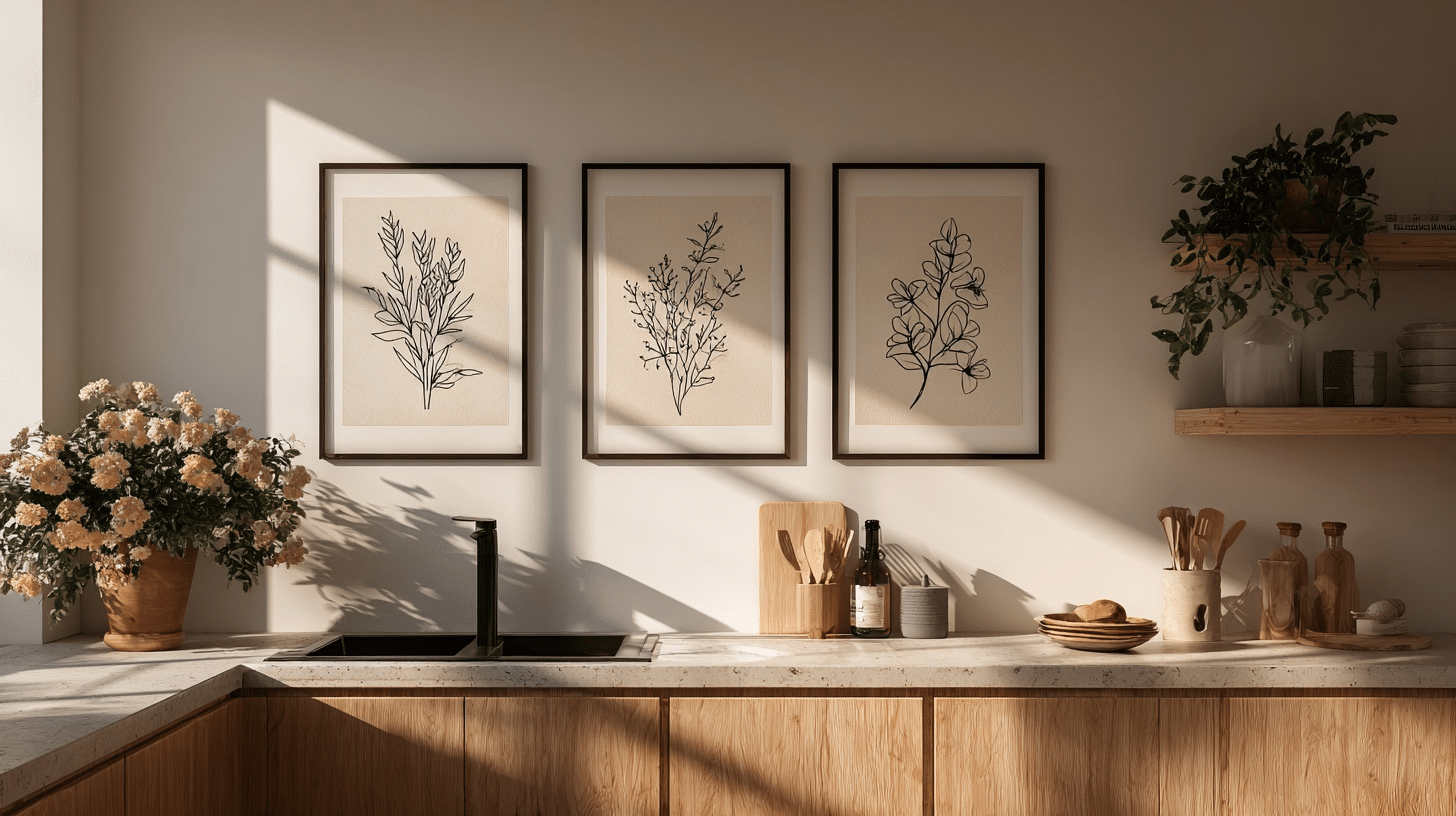 minimal line art or botanical wall prints