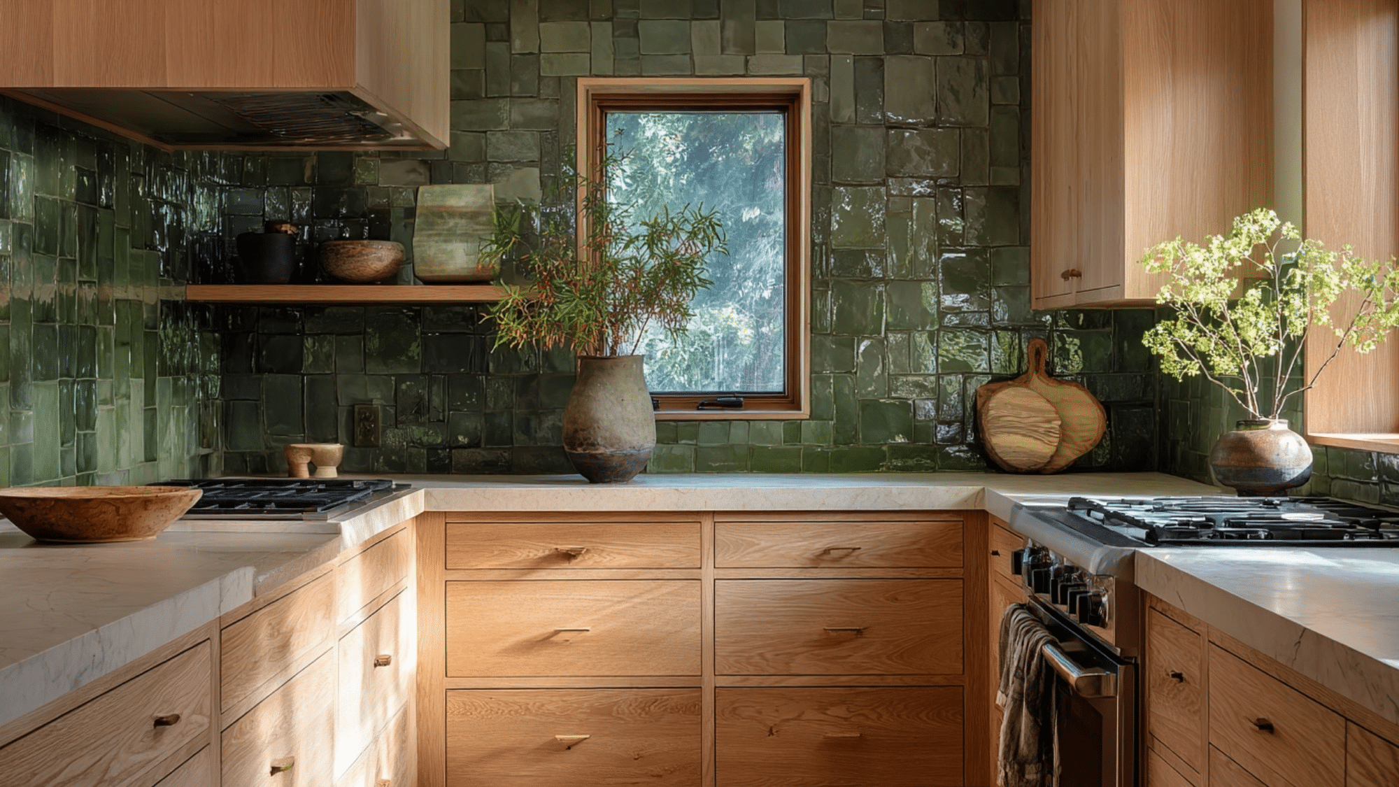 moss green backsplash neutral counters