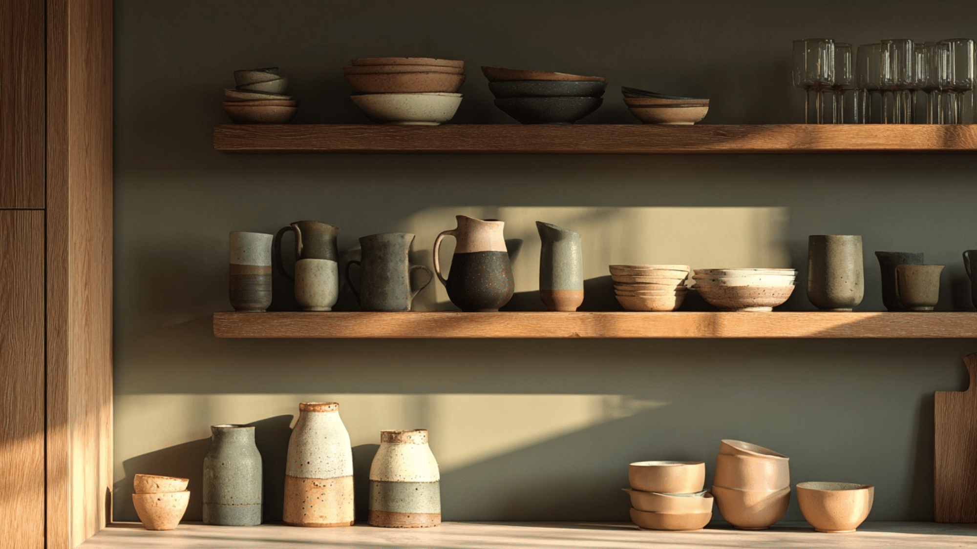 muted olive shelving color depth