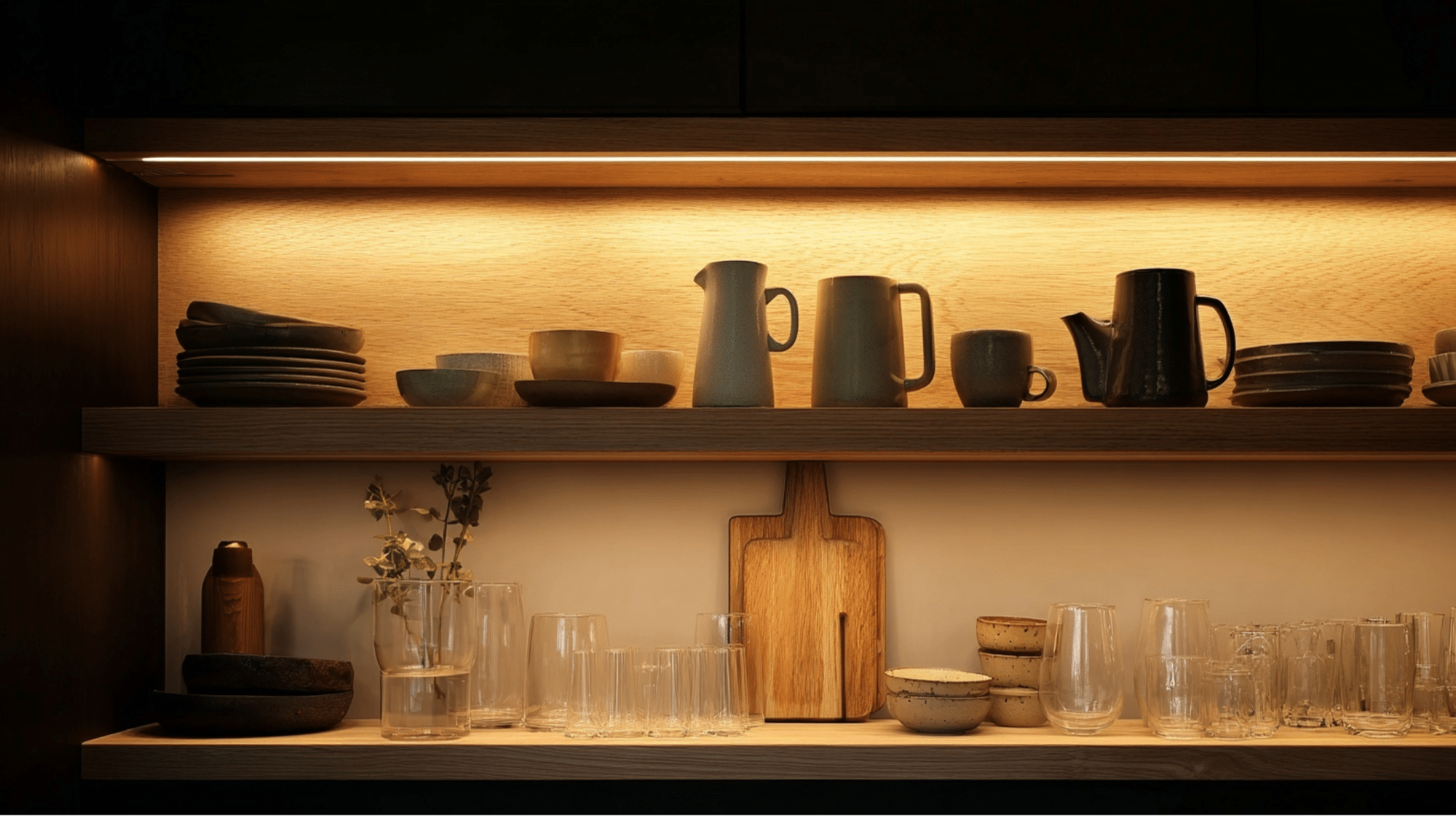 recessed led strip lighting behind shelves