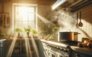 a pot simmering on a stove in a hot kitchen, bright summer day setting.