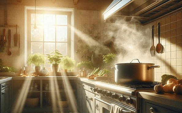 a pot simmering on a stove in a hot kitchen, bright summer day setting.