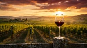 a glass of pinot noir red wine overlooking a luxury vineyard estate at sunset