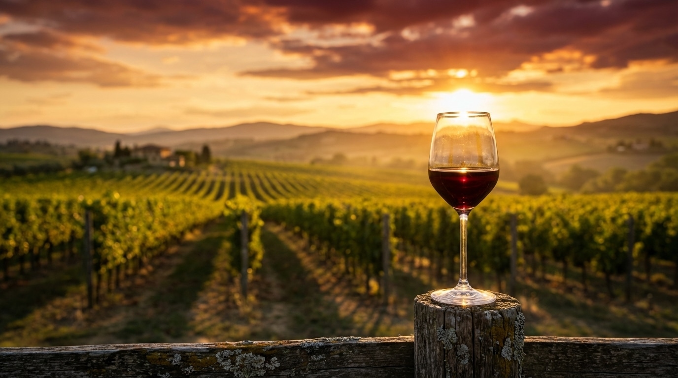 a glass of pinot noir red wine overlooking a luxury vineyard estate at sunset
