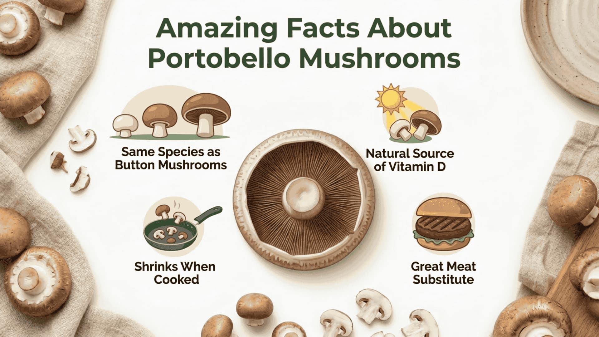 4 portobello facts (Vitamin D, species, meat sub, shrinking) around a central mushroom cap.