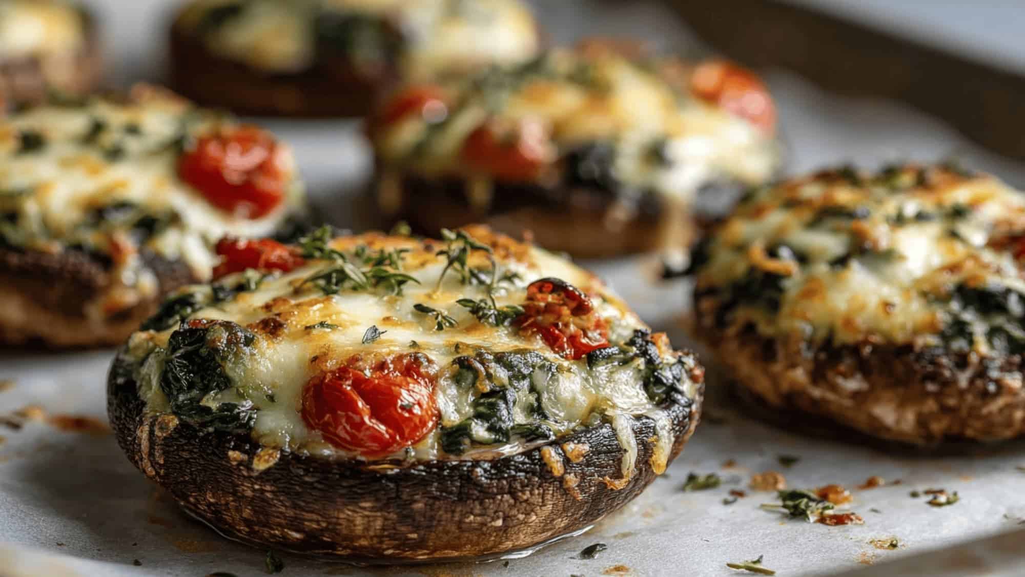Baked stuffed portobello mushrooms filled with spinach, cheese, and cherry tomatoes on a parchment-lined tray.