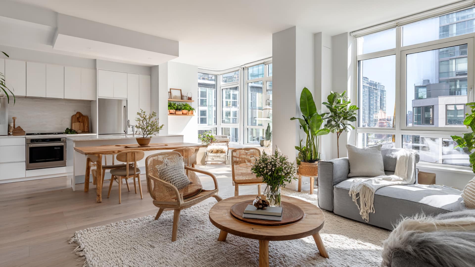 Bright open-plan kitchen and living room with fluted wood details, white cabinets, woven chairs, and large windows.