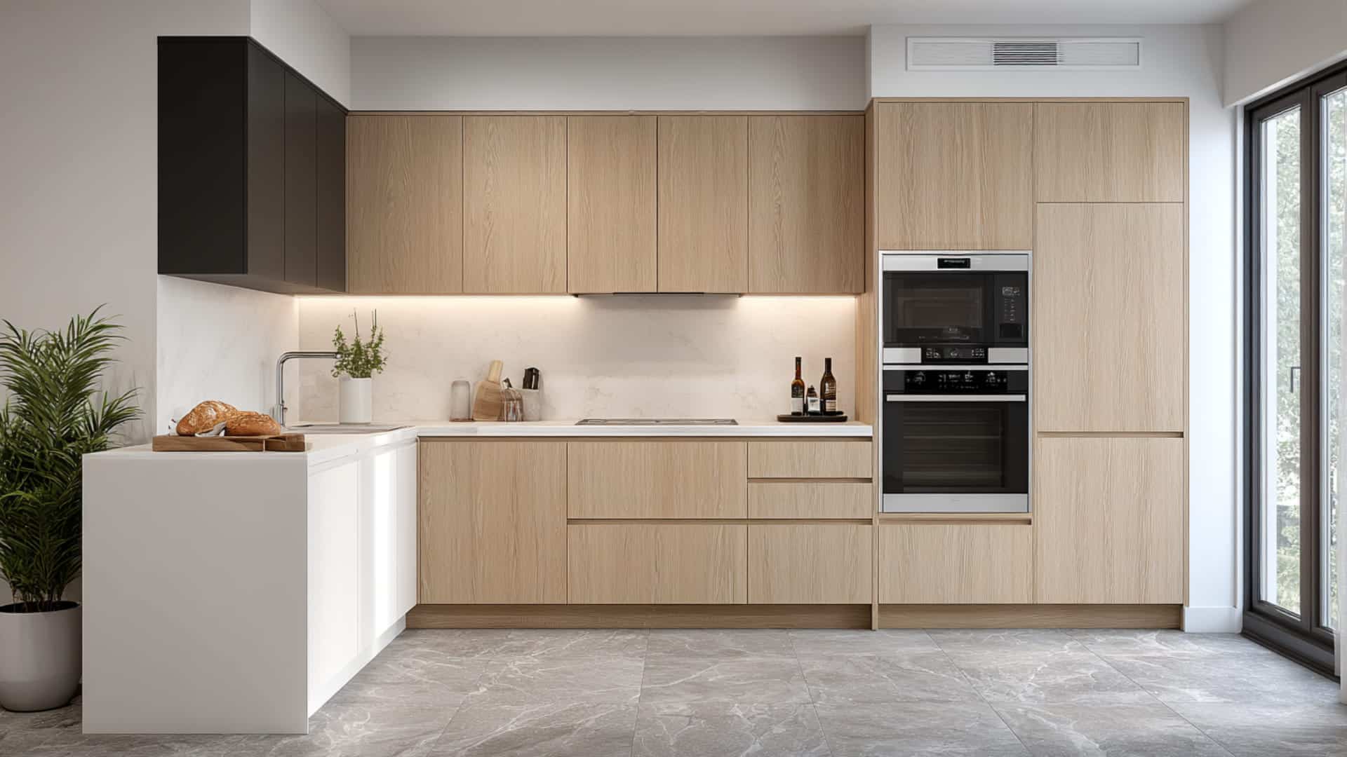 Bright open-plan kitchen with handleless wood cabinets, white counters, and a sleek built-in appliance wall.