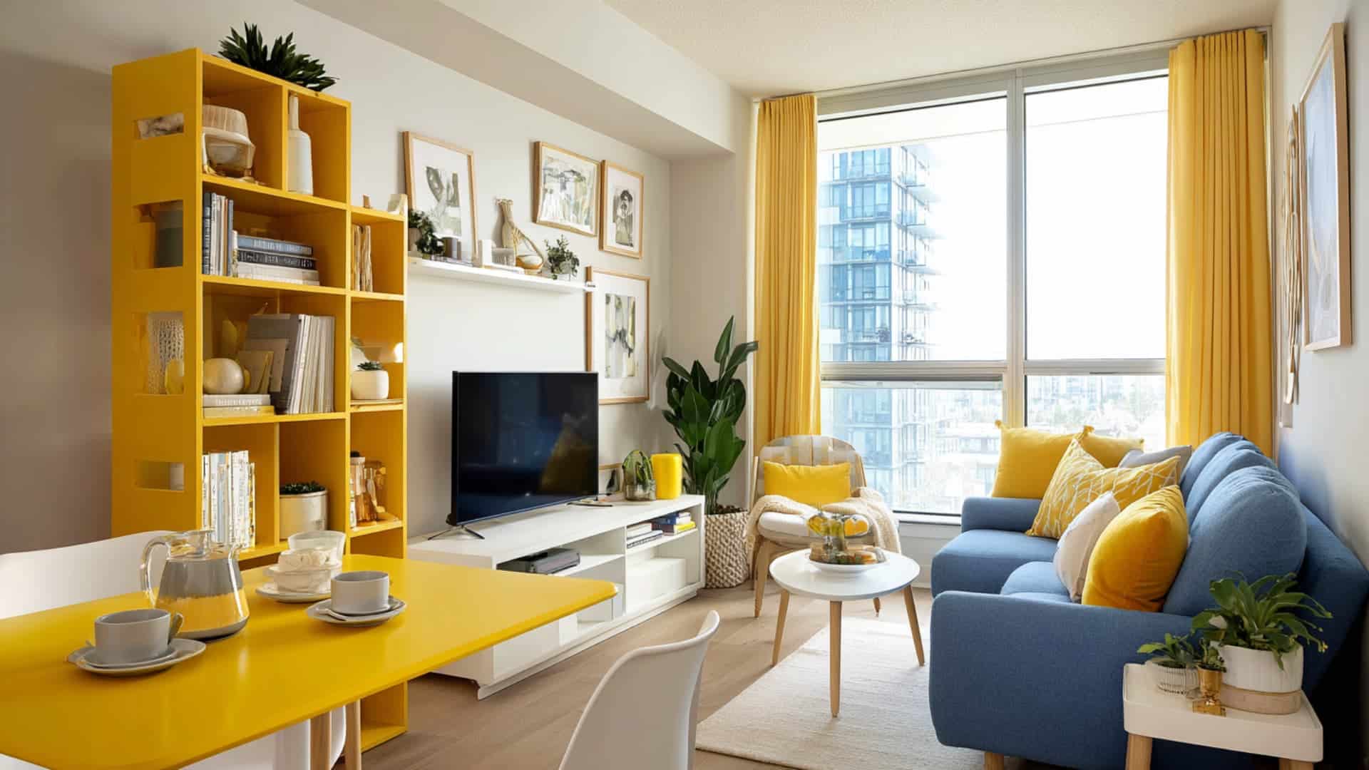 Compact open-plan room with fold-down yellow dining table, blue sofa, bright shelving, and large sunny windows.