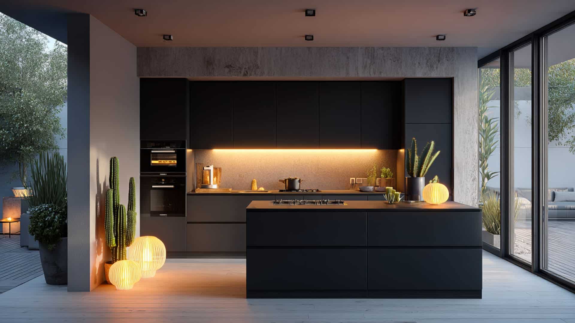 Dark modern kitchen with under-cabinet lighting, black island, warm glow, and large glass doors opening outdoors.