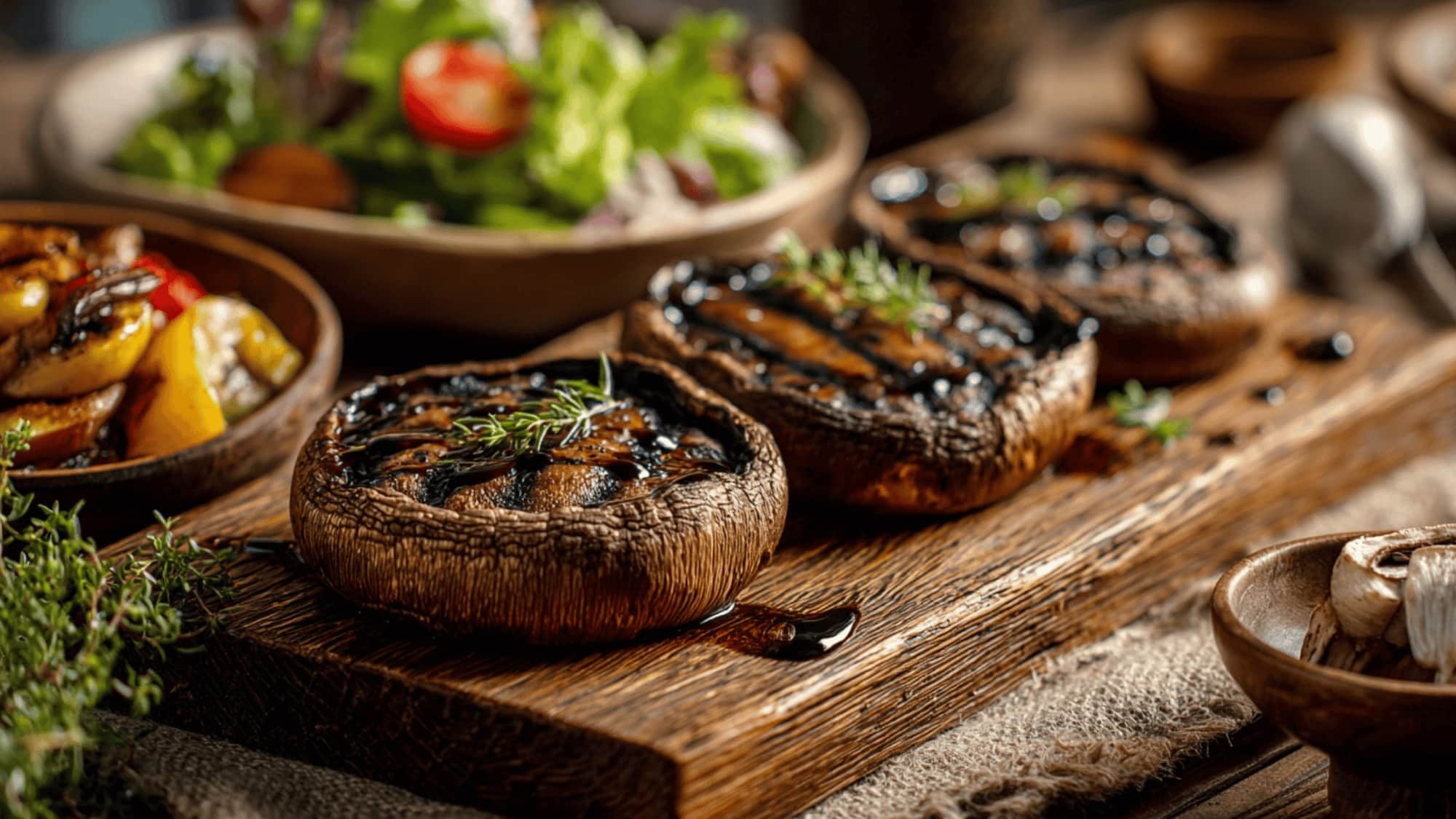 Grilled portobello mushrooms with balsamic glaze served on a wooden board with salad and roasted vegetables.