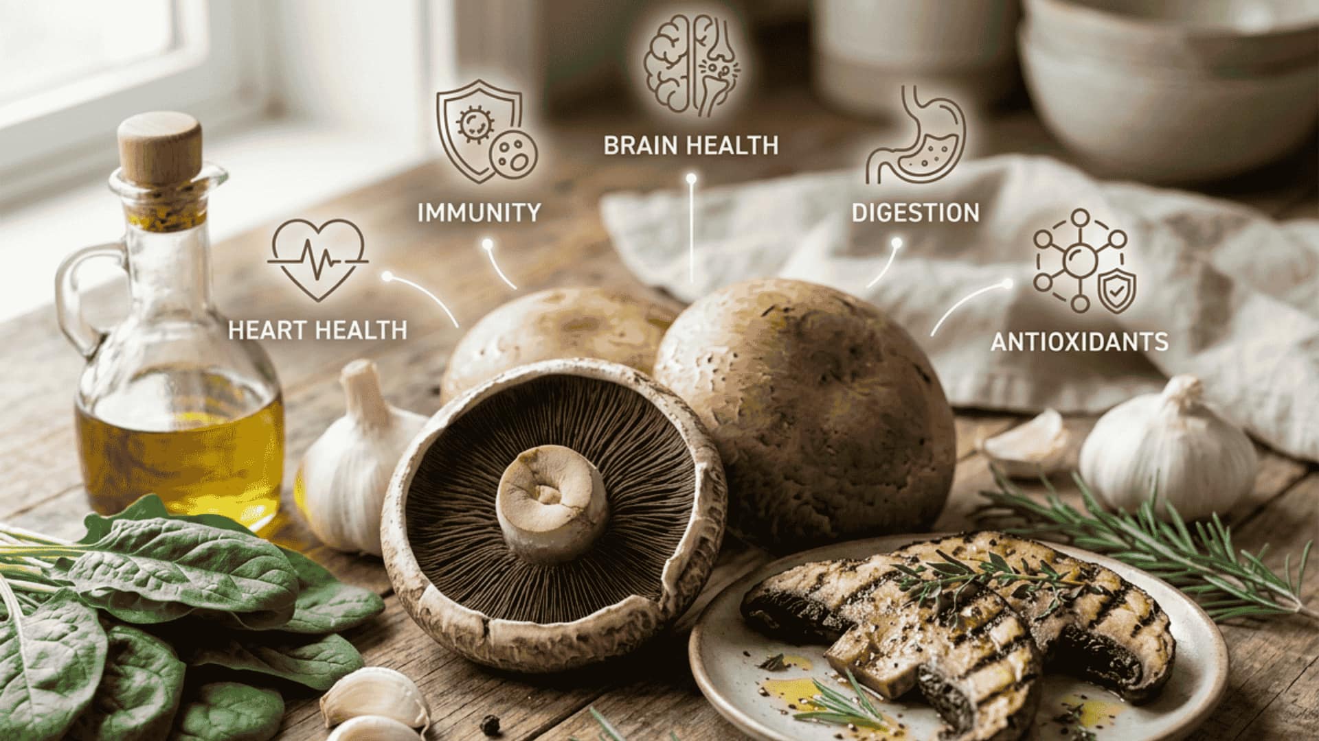 Healthy portobello mushrooms with fresh ingredients illustrating their nutrition and health benefits on a rustic kitchen surface.