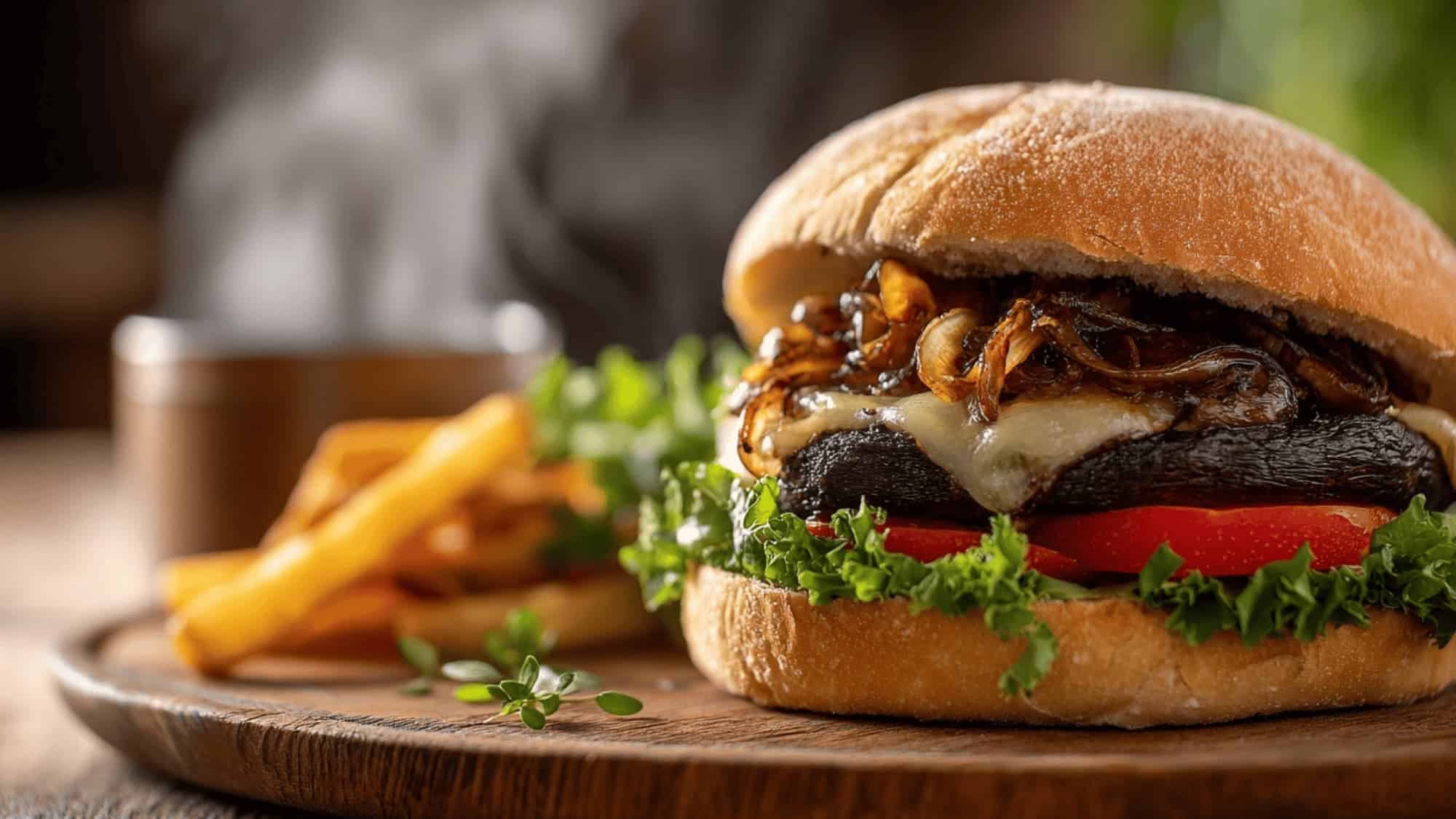 Juicy portobello mushroom burger with melted cheese, caramelized onions, lettuce, and tomato served with fries.