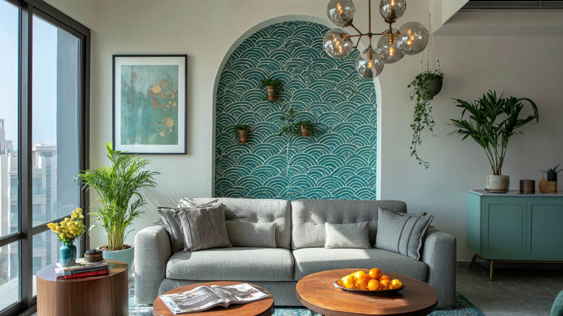 Living room with gray sofa, chunky knit ottoman, glass table, and yellow accents beside bright windows.