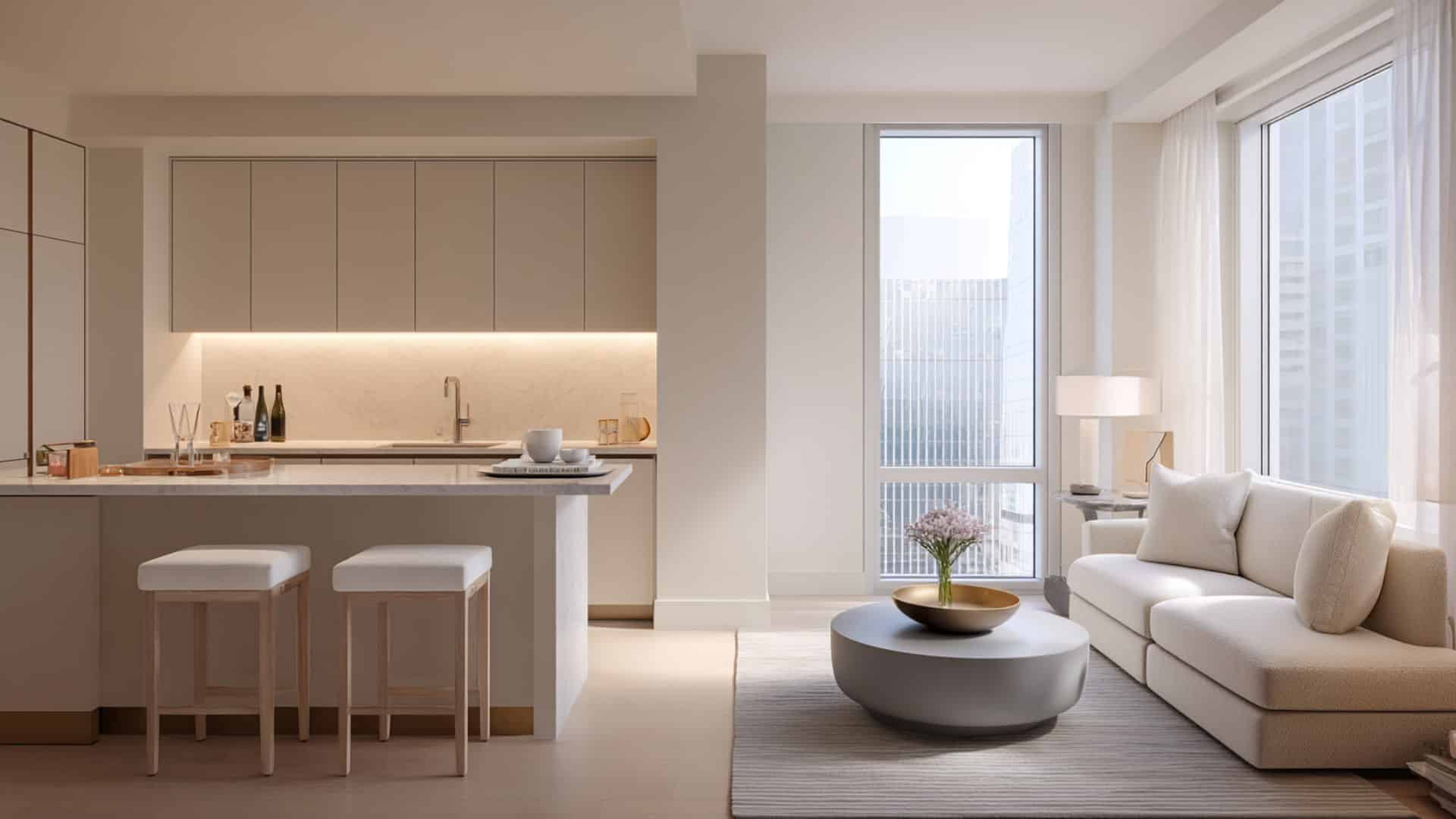 Minimal open plan kitchen and living room with beige cabinets, island seating, cream sofa, round coffee table, and large windows.