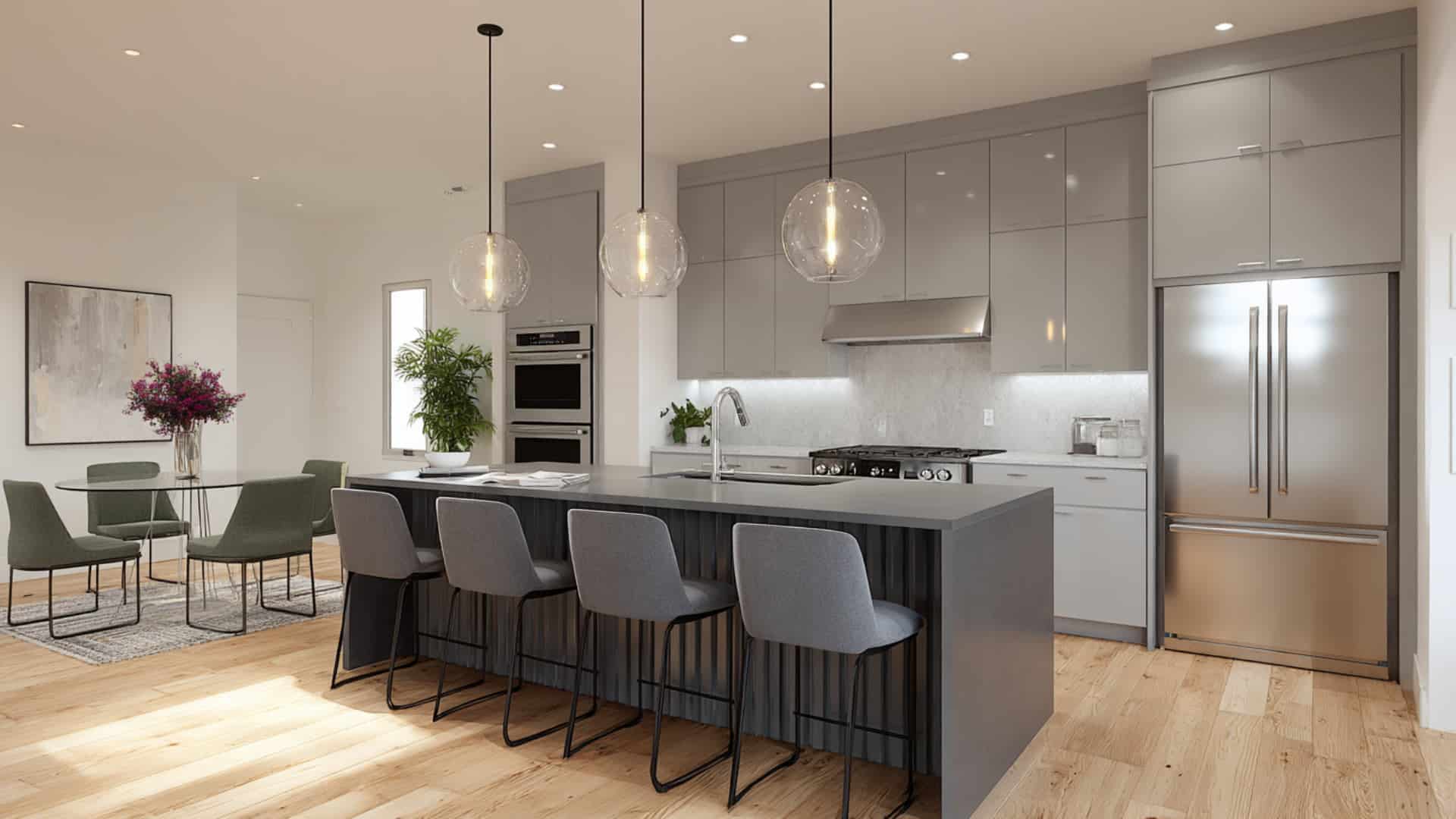 Modern gray kitchen with sleek pendant lighting, large island, bar stools, and open dining space in the background.