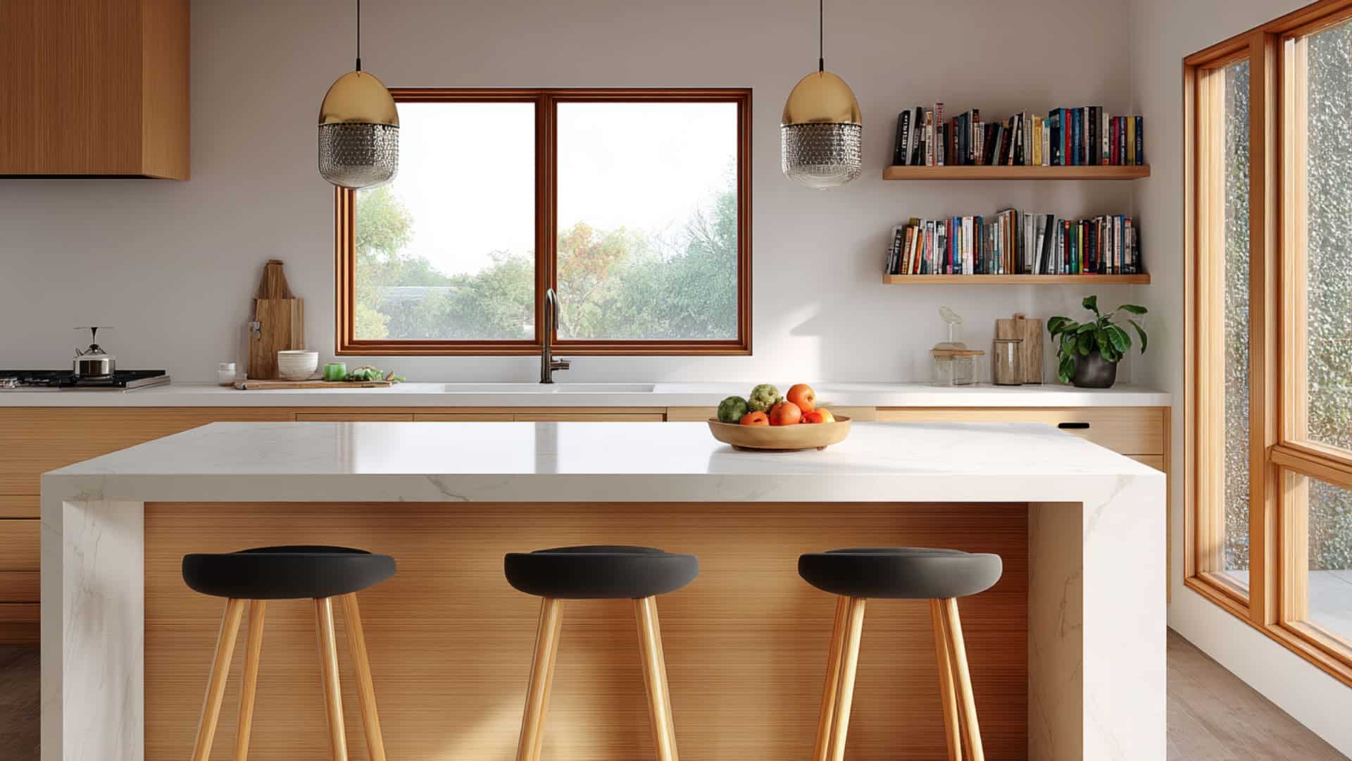 Modern kitchen with backless stools at a large island, wood cabinetry, open shelves, and bright corner windows.