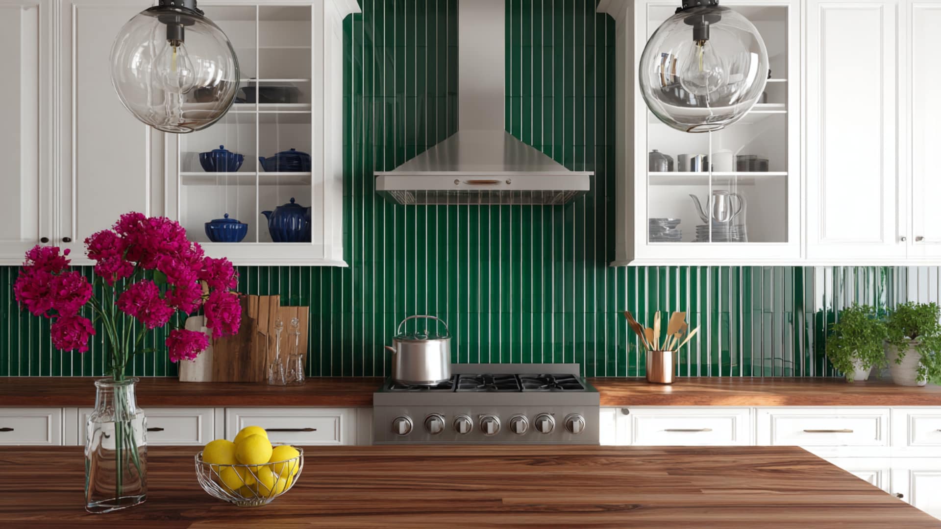 Modern kitchen with white cabinets, green vertical tile backsplash, wooden countertops, glass pendant lights, and stainless steel stove.