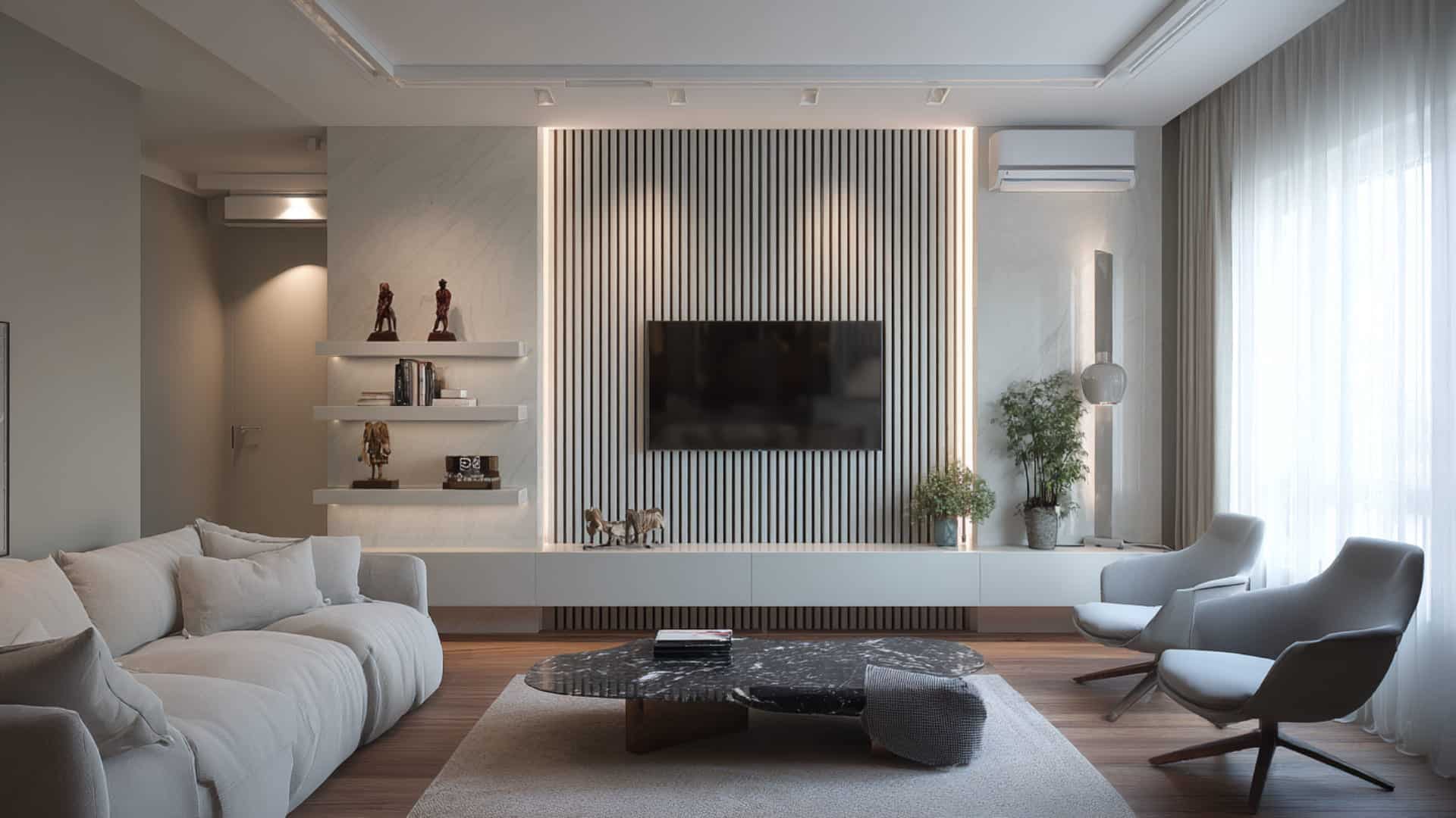 Modern living room with wall-mounted TV, slat feature wall, floating shelves, and soft neutral seating.