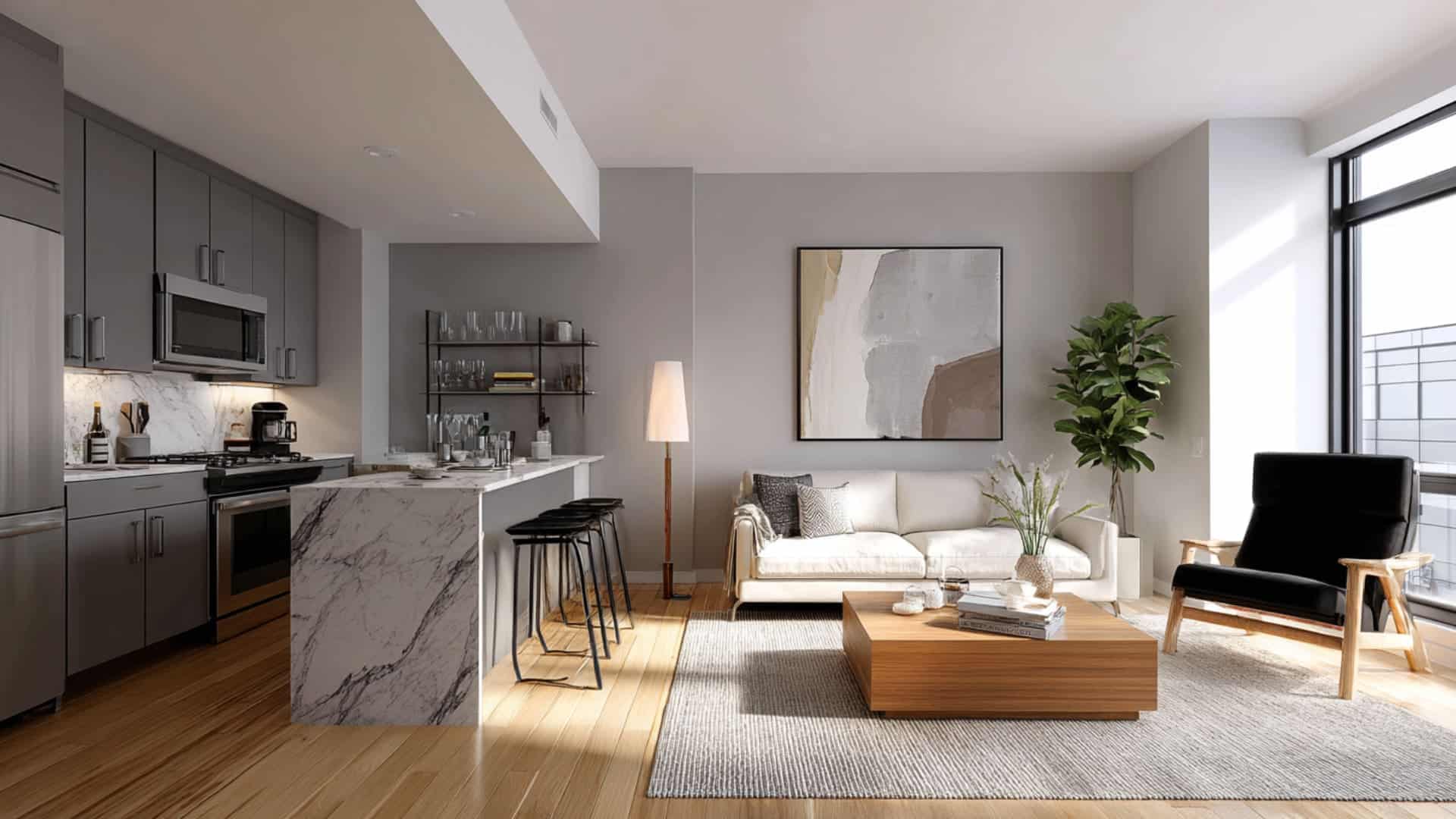 Modern open-plan kitchen and living room with black accents, gray cabinetry, marble island, and clean neutral decor.