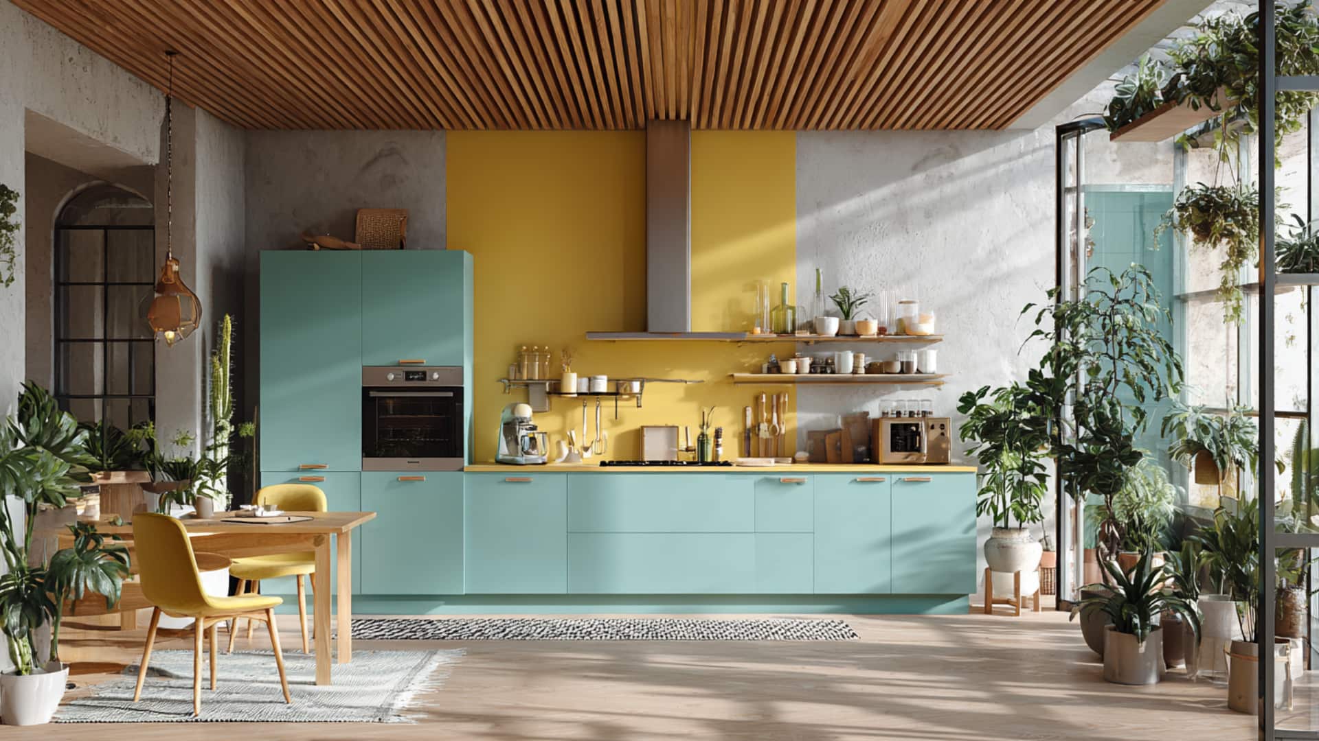 One-wall kitchen layout in an open-plan room with teal cabinets, yellow wall, wood slat ceiling, and indoor plants.