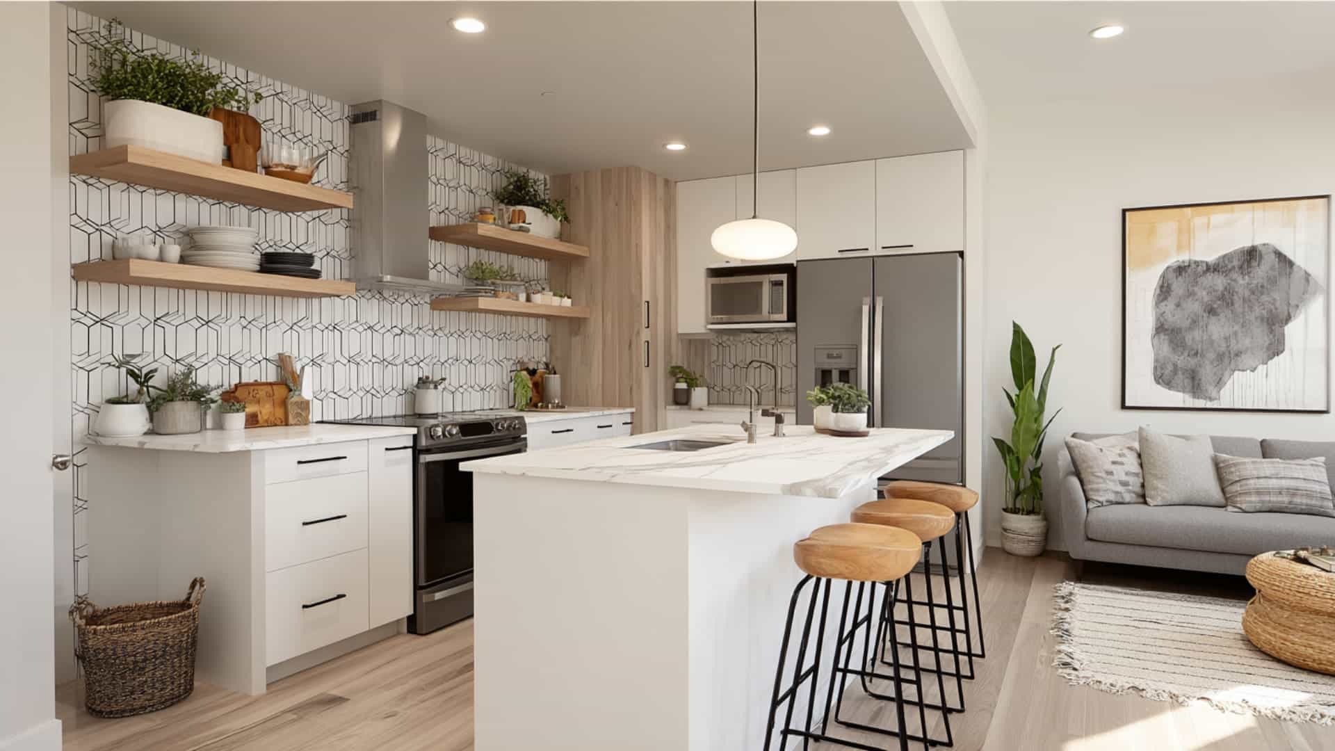 Open kitchen with floor-to-ceiling cabinets, wood and black finishes, hidden lighting, and minimalist style.