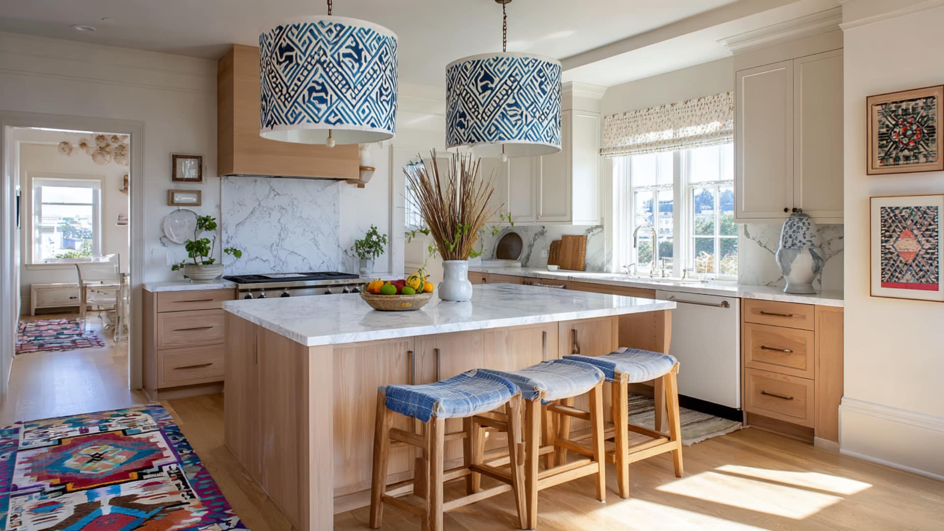 Open kitchen with natural wood and white finish, marble island, blue pendant shades, and warm modern styling.