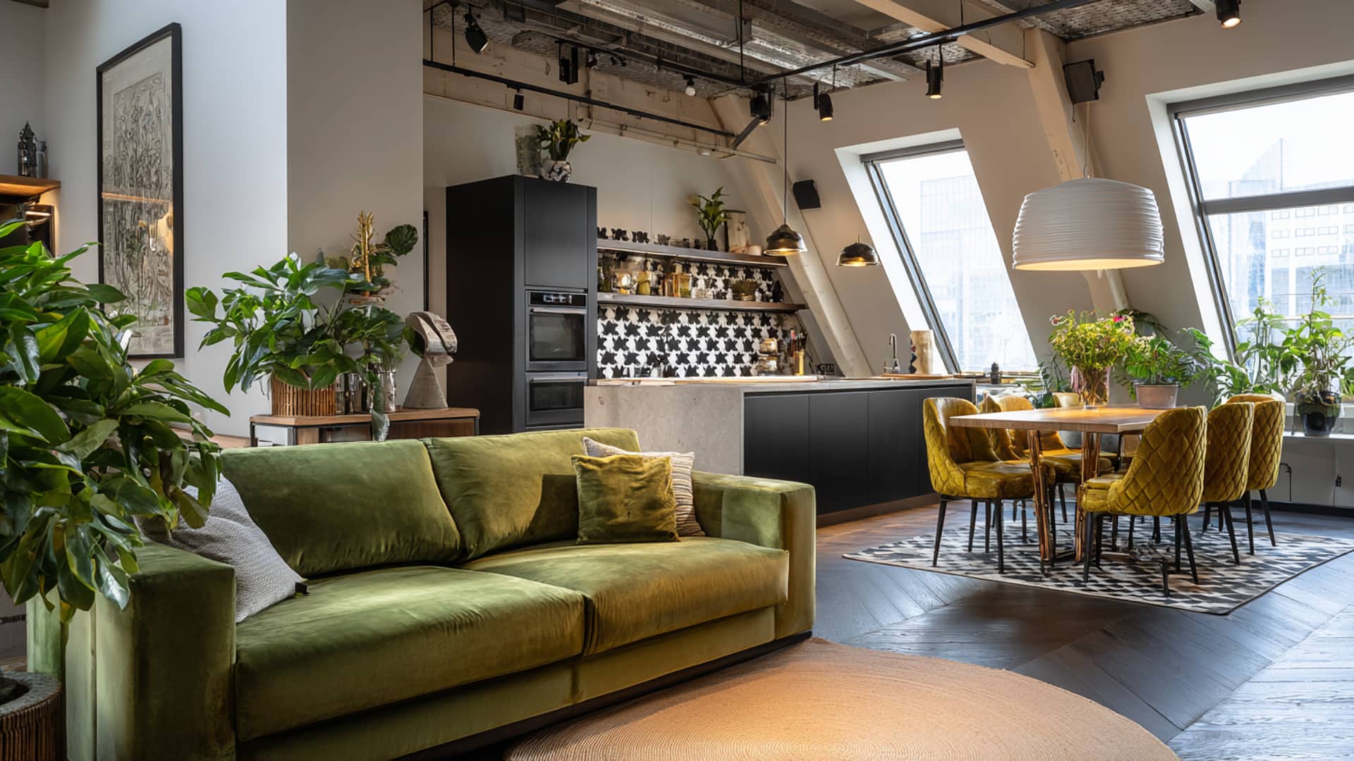 Open-plan living room with soft textured fabrics, a velvet green sofa, a dining nook, and a dark modern kitchen.